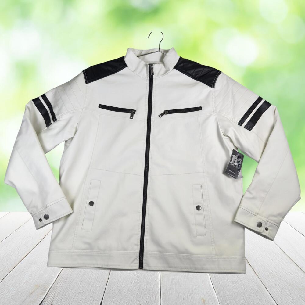 New BLEU GRANDEUR Moto Jacket Faux Leather Zip Pockets Biker White Black Mens XL